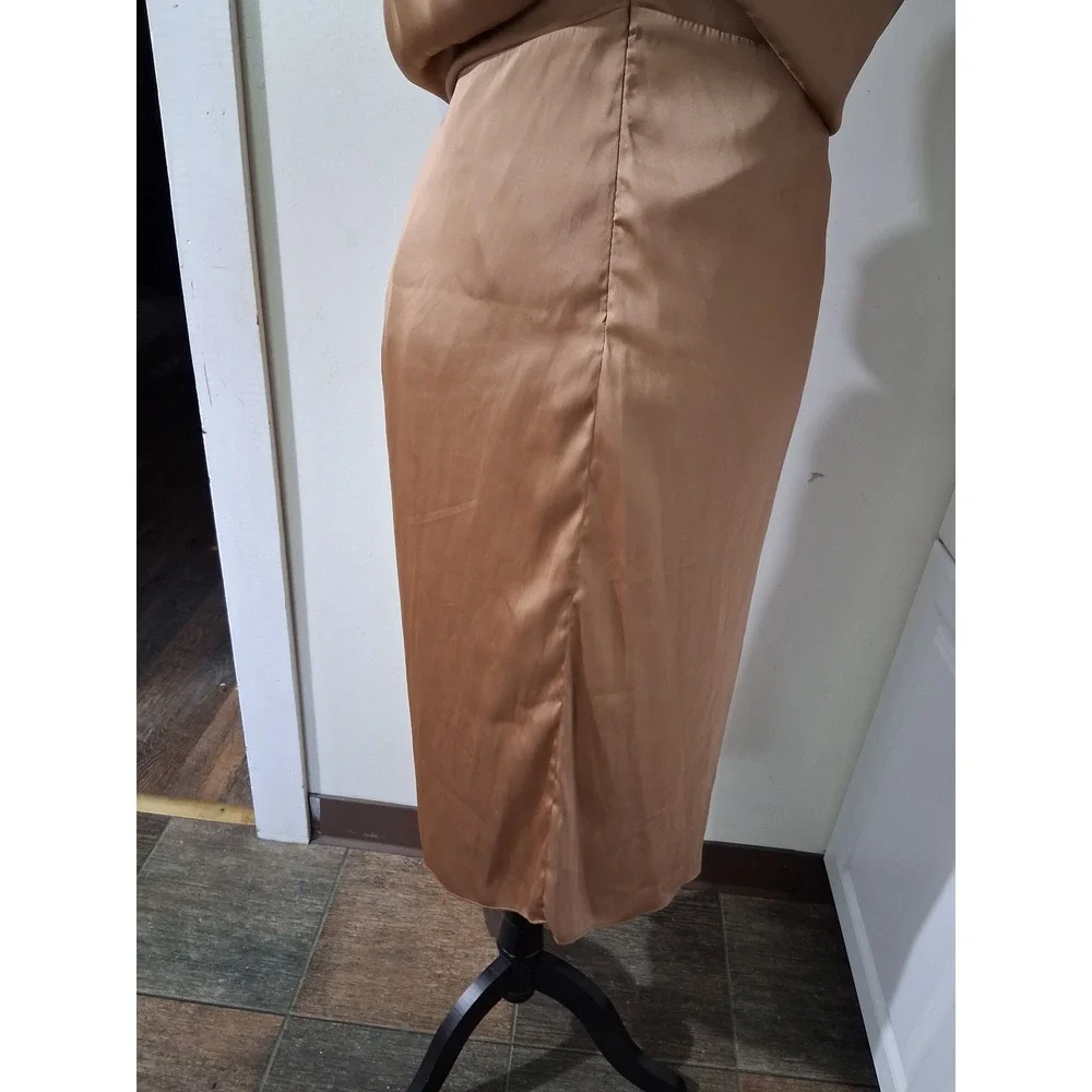 Reset by Jane Champagne Satin Draped Twist Front V-Back Midi Dress Womens Size M
